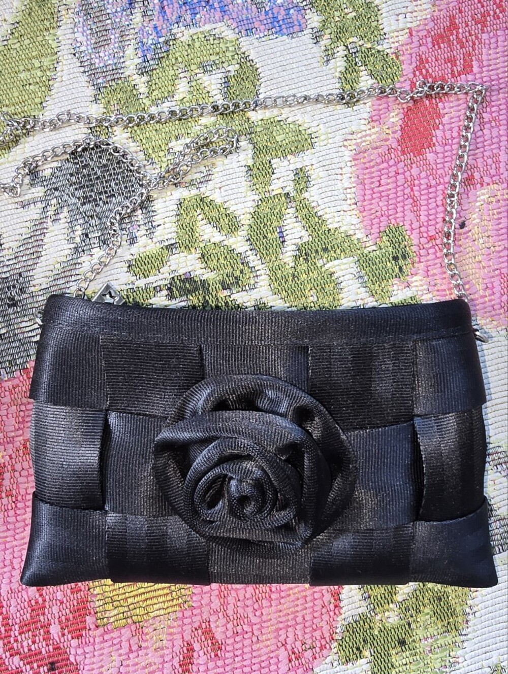 Harvey"s Seatbelt Bags Black Rosette Clutch With Chain.